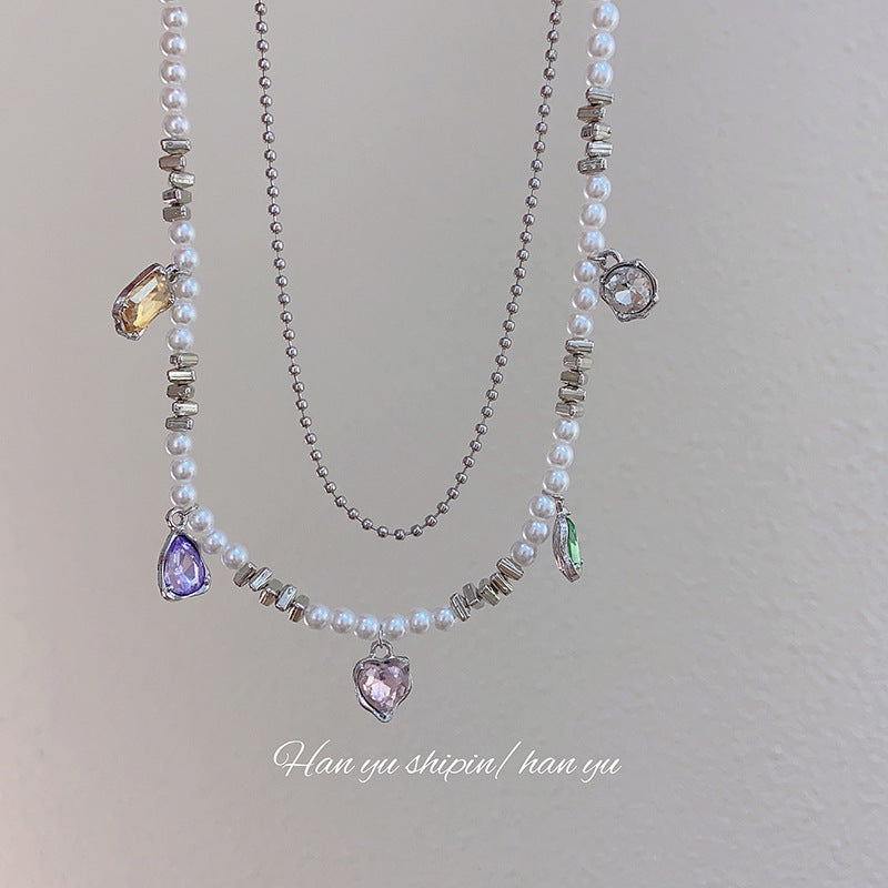 Wholesale Double Layer Pearl Heart Color Crystal Necklaces